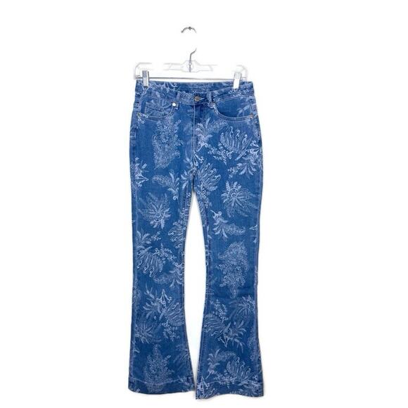 VENUS Women Flare Leg Denim Jeans All Over Floral Print 70s Style Boho Hippie 4 - Picture 1 of 4